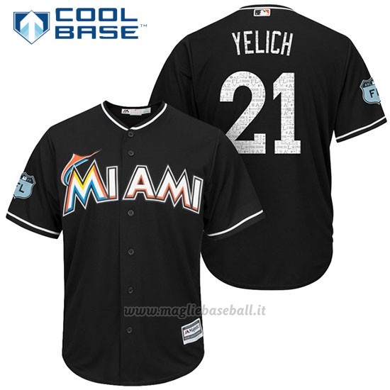 Maglia Baseball Uomo Miami Marlins Christian Yelich Nero 2017 Allenamento Primaverile Cool Base Giocatore